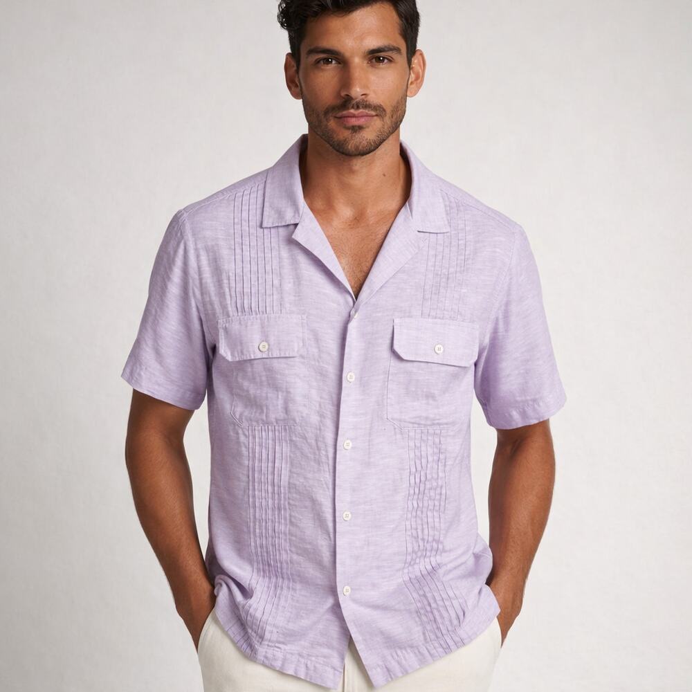 MR TURK Men's Linen Guayabera Camp collar Shirt Lavender size Medium